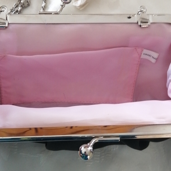 NWOT, black clutch with pink piping and silver colored chain shoulder strap - Picture 5 of 10